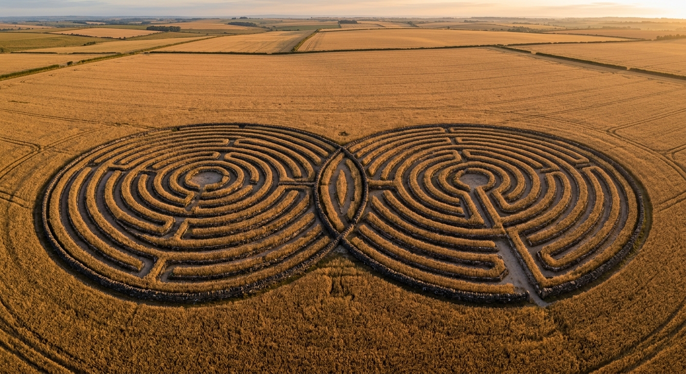 Aerial view of two intersecting circular patterns evoking a Chiron synastry aspect grid