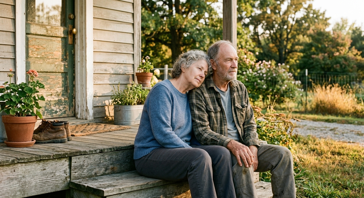 Older married couple sitting together in quiet connection, marriage synastry Chiron bond