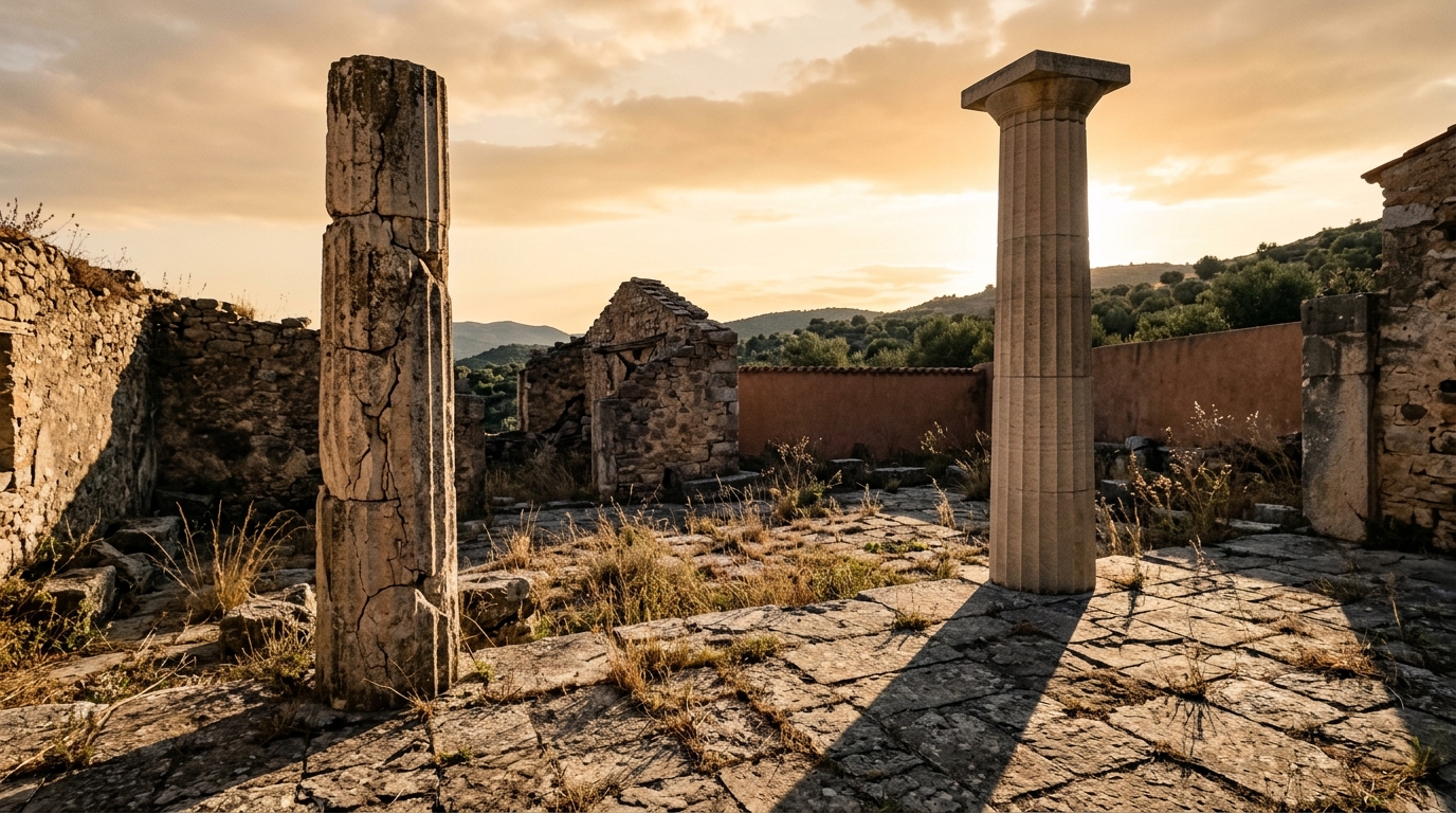 Two stone columns in golden light representing Chiron and Saturn synastry aspects