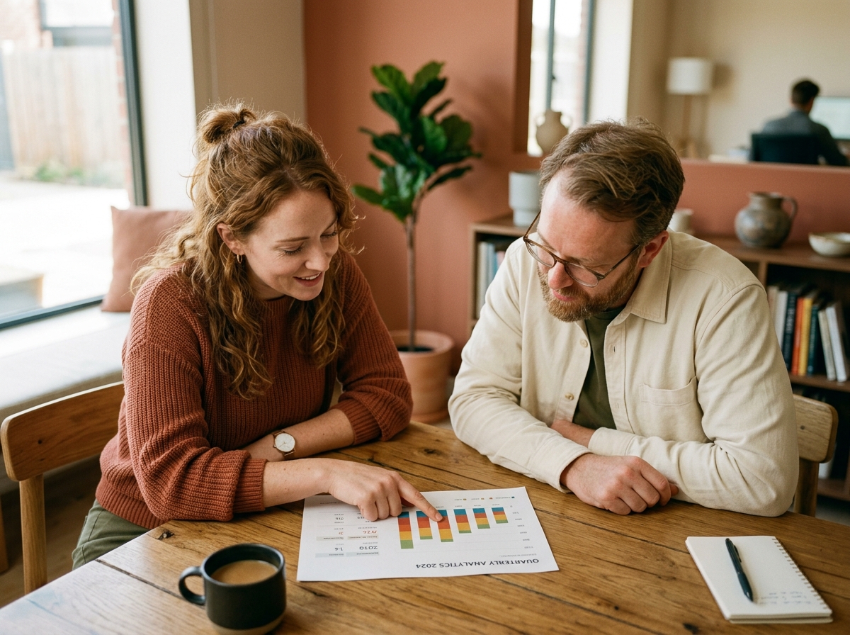 Two people reviewing a synastry chart together in a warm, well-lit setting